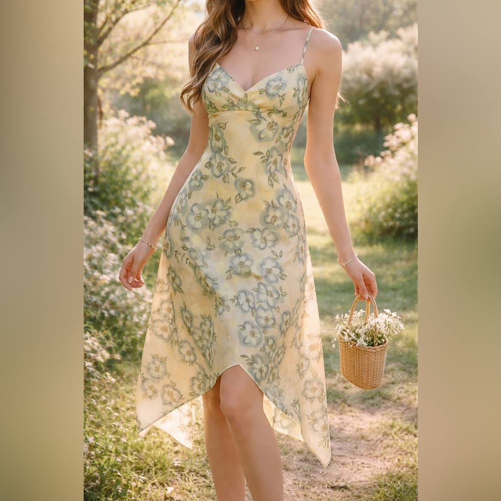 Vintage La Belle Floral Slip Dress 11 Made USA Cottagecore Handkerchief Hem Midi